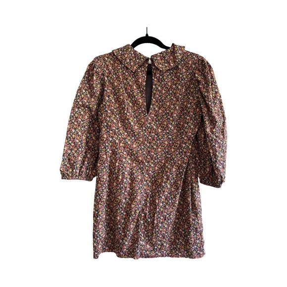 Free People - Floral - Brown - Collared - Preppy Mini Dress - Long Sleeve - 8 - Picture 2 of 5